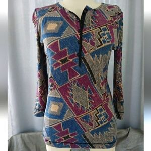 Lauren Ralph Lauren M  SouthWestern Aztek design button front Henley Top